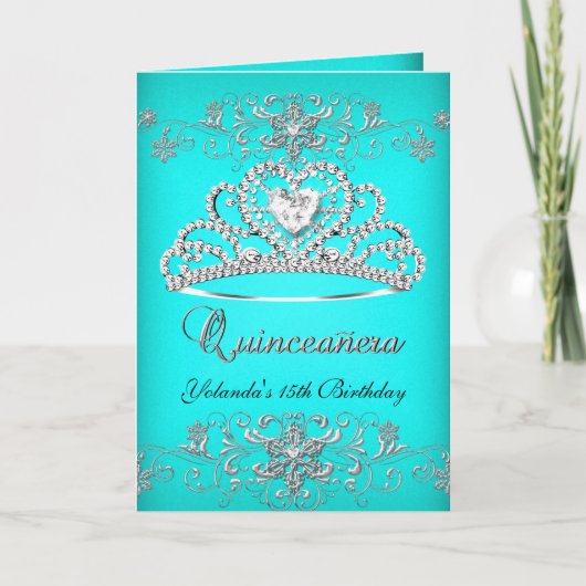 Faltkarte Quinceanera Aqua Aquamariner Glitzer Tia Einladung (Vorderseite)