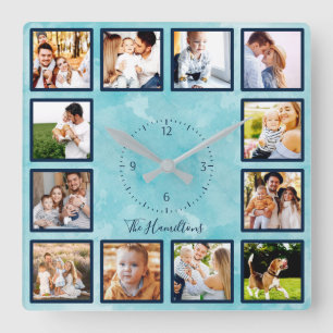 Familie 12 Fotos Collage Blaue Wasserfarbe Quadratische Wanduhr