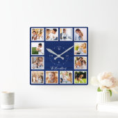 Familie 12 Fotos Collage Blue Wood Quadratische Wanduhr (Zuhause)