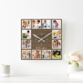 Familie 12 Fotos Collage Brown Wood Quadratische Wanduhr (Zuhause)