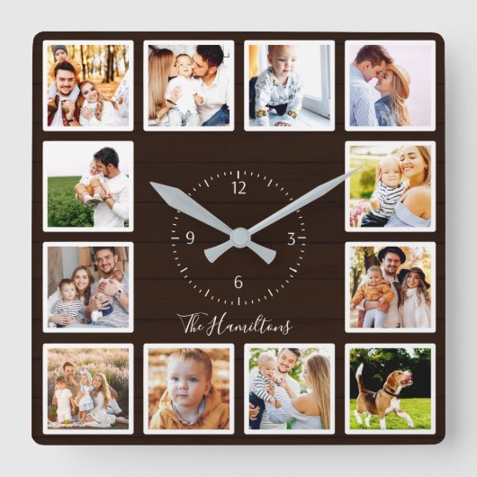 Familie 12 Fotos Collage Dark Brown Wood Quadratische Wanduhr (Vorderseite)