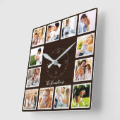 Familie 12 Fotos Collage Dark Brown Wood Quadratische Wanduhr (Winkel)