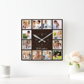 Familie 12 Fotos Collage Dark Brown Wood Quadratische Wanduhr (Zuhause)