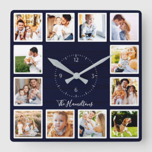 Familie 12 Fotos Collage Dunkelblaues Holz Quadratische Wanduhr