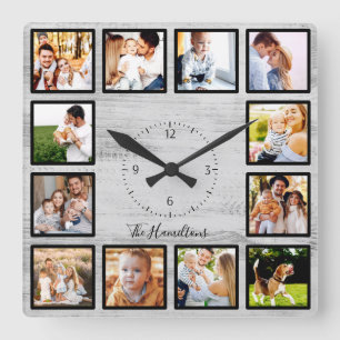 Familie 12 Fotos Collage Farmhouse Rustikales Holz Quadratische Wanduhr