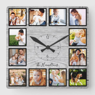 Familie 12 Fotos Collage Farmhouse Rustikales Holz Quadratische Wanduhr
