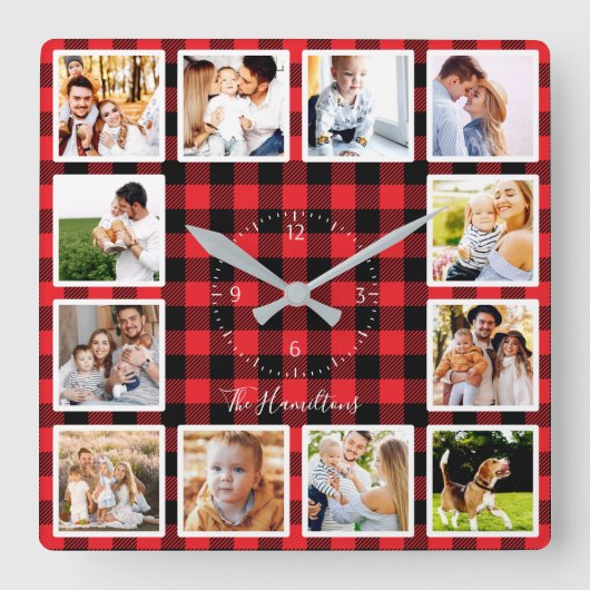 Familie 12 Fotos Collage Rustic Lumberjack Muster Quadratische Wanduhr (Vorderseite)