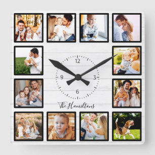 Familie 12 Fotos Collage White Wood Quadratische Wanduhr