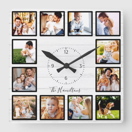 Familie 12 Fotos Collage White Wood Quadratische Wanduhr (Vorderseite)