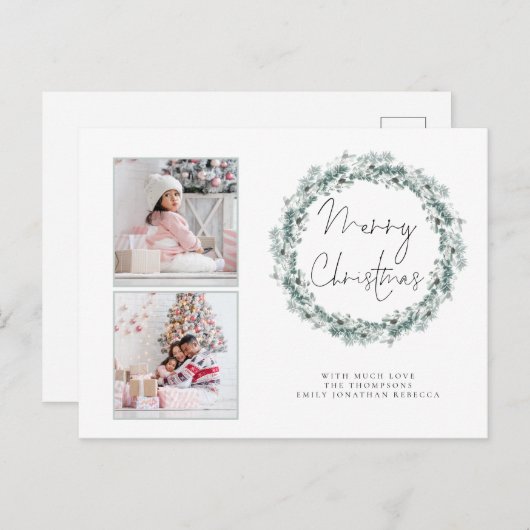 Familie 2 Foto Aquamarin Wreath Frohe Weihnachtska Postkarte (Vorne/Hinten)