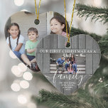 Familie 2 Foto Erste Weihnachtsfeiertage Imitate G Keramik Ornament<br><div class="desc">Feiern Sie Ihren fröhlichen 1. Urlaub zusammen mit einem maßgeschneiderten 2-Foto "Unser erstes Weihnachten als Familie" herzförmigen Keramik-Ornament. Alle Texte und Bilder auf dieser Vorlage sind einfach zu personalisieren. (IMAGE PLACEMENT TIP: Eine einfache Möglichkeit, ein Foto genau so zu zentrieren, wie Sie es gewollt haben, ist es, es einzuschneiden, bevor...</div>