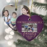 Familie 2 Foto Erstes Lila Weihnachtsherz Keramik Ornament<br><div class="desc">Feiern Sie Ihren fröhlichen 1. Urlaub zusammen mit einem maßgeschneiderten 2-Foto "Unser erstes Weihnachten als Familie" herzförmigen Keramik-Ornament. Alle Texte und Bilder auf dieser Vorlage sind einfach zu personalisieren. (IMAGE PLACEMENT TIP: Eine einfache Möglichkeit, ein Foto genau so zu zentrieren, wie Sie es gewollt haben, ist es, es einzuschneiden, bevor...</div>