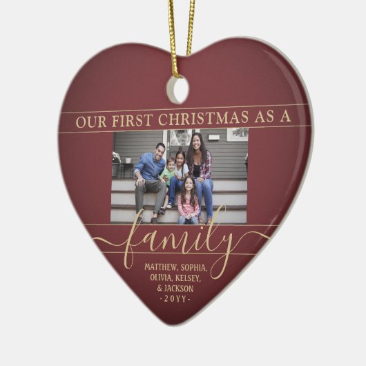 Familie 2 Foto Erstes Weihnachtsburgund Red & Gold Keramik Ornament (Links)