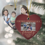 Familie 2 Foto Erstes Weihnachtsburgund Red & Gold Keramik Ornament<br><div class="desc">Feiern Sie Ihren fröhlichen 1. Urlaub zusammen mit einem maßgeschneiderten 2-Foto "Unser erstes Weihnachten als Familie" herzförmigen Keramik-Ornament. Alle Texte und Bilder auf dieser Vorlage sind einfach zu personalisieren. (IMAGE PLACEMENT TIP: Eine einfache Möglichkeit, ein Foto genau so zu zentrieren, wie Sie es gewollt haben, ist es, es einzuschneiden, bevor...</div>