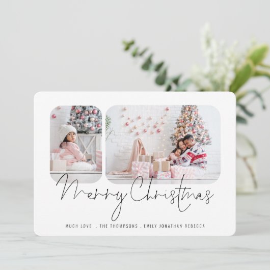 Familie 2 Fotos Script Frohe Weihnachtskarte (Stehend Vorderseite)