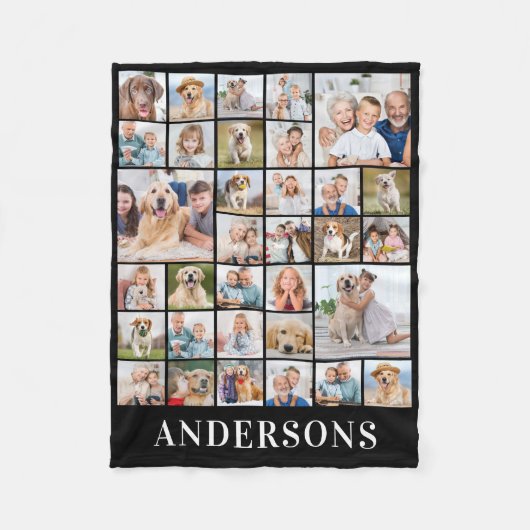 Familie 33 Fotocollage Personalisierter Name Black Fleecedecke (Vorderseite)