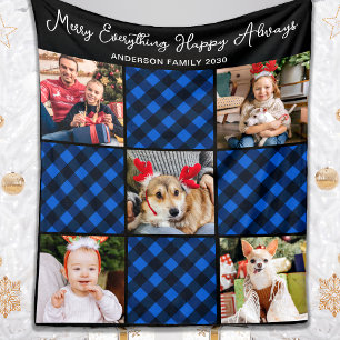 Familie 5 Foto-Collage personalisiert blau kariert Fleecedecke