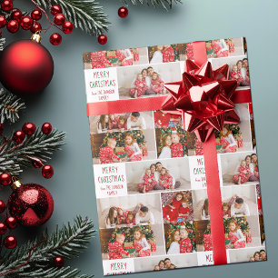Familie 5 Foto Collage Rot Grün Frohe Weihnachten Geschenkpapier