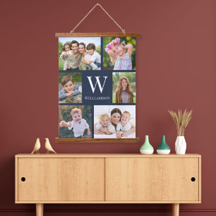 Familie 6 Foto Collage Blue Wandteppich Mit Holzrahmen