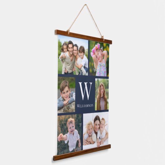 Familie 6 Foto Collage Blue Wandteppich Mit Holzrahmen (Gewinkelt)