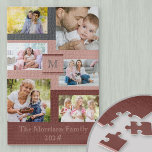 Familie 6 Name des Monogramms für die FotoCollage  Puzzle<br><div class="desc">Benutzerdefiniertes Puzzle mit 6 eigenen Fotos,  Familienname,  Monogramm Initial und Jahr. Das Design besteht aus quadratischen Fotos und Fotos in der Landschaft auf einem Hintergrund aus rosa,  maronrot und blau grau. Das schöne Familiengeschenk mit über 1000 Stücken macht für jeden 9-99-Jährigen eine lustige und lohnende Herausforderung!</div>