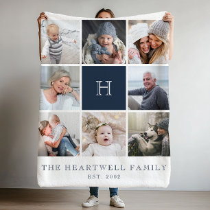 Familie 8 Foto-Collage Monogramm Navyblau Fleecedecke
