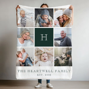 Familie 8 Foto-Collage Monogramm Waldgrün Fleecedecke