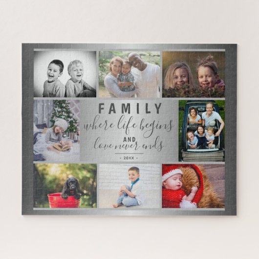 Familie 8 FotoCollage Silver Sprichwort Trendskrip Puzzle (Horizontal)