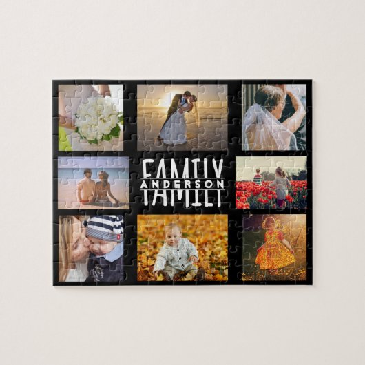 Familie 8 FotoCollage und Name DIY-Vorlage Schwarz Puzzle (Horizontal)