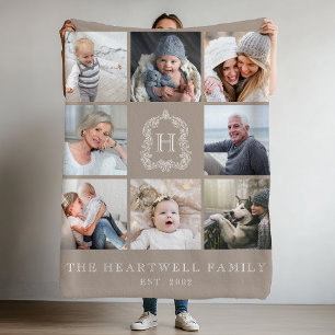 Familie 8 Fotolollage Monogram Wappen Taupe Fleecedecke