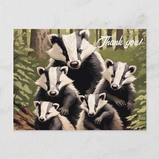 Familie Badger im Wald Danke Postkarte (Vorderseite)