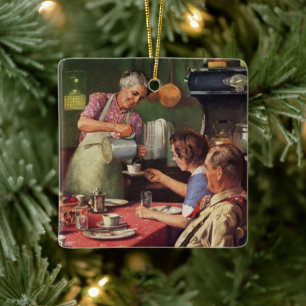 Familie beim Frühstück in der Küche im Vintage-Sti Keramikornament