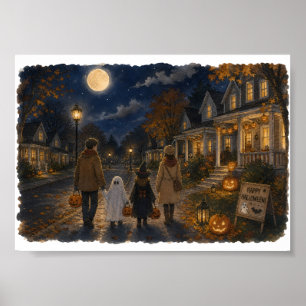 Familie beim Trick-or-Treat in der Halloween-Nacht Poster