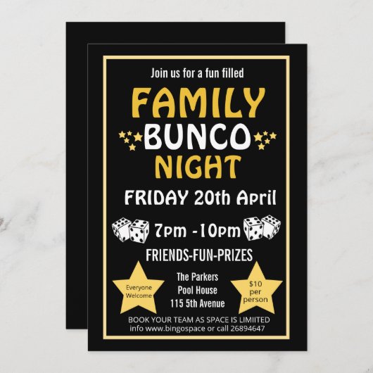 Familie bunco Nacht, bunco Party Pta-Ereignis Einladung (Vorne/Hinten)