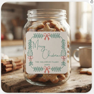 Familie Creme Grün Rot Frohe Weihnachten Kranz Quadratischer Aufkleber