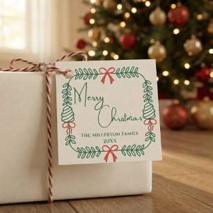 Familie Creme Grün Rotes Frohe Weihnachten Kranz Geschenkanhänger