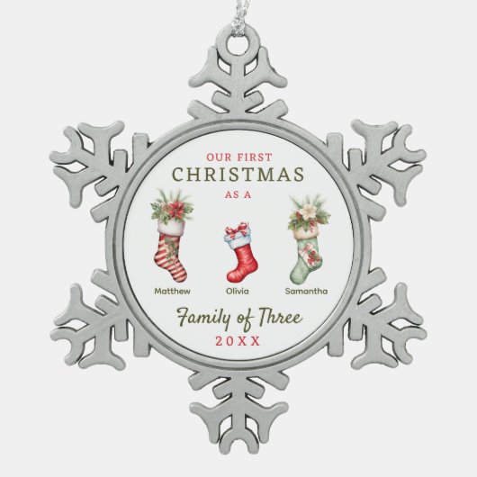 Familie der drei ersten Weihnachten Schneeflocken Zinn-Ornament (Vorderseite)