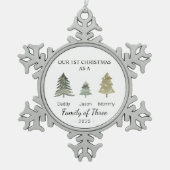 Familie der drei Säuglinge Erste Weihnacht Persona Schneeflocken Zinn-Ornament (Vorderseite)