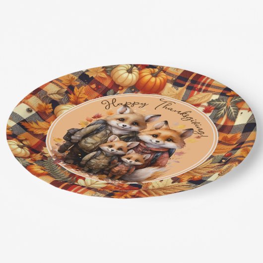 Familie der Füchse glücklich Erntedankpumpen Pumpk Pappteller (Schrägansicht)