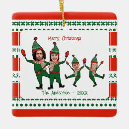 Familie der Funny Elf Vier Foto Rot Grünen Weihnac Keramikornament