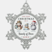 Familie der Schneemänner drei Weihnachten Schneeflocken Zinn-Ornament (Vorderseite)