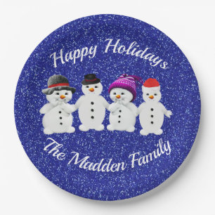 Familie der vier Snowmen Blue Sparkle Winter Pappteller