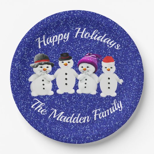 Familie der vier Snowmen Blue Sparkle Winter Pappteller (Vorderseite)
