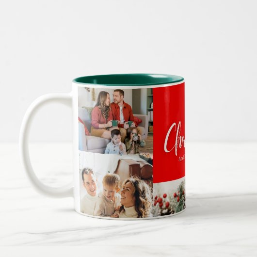 Familie frohe Weihnachten Glück Neujahr 4 Fotos Zweifarbige Tasse (Links)