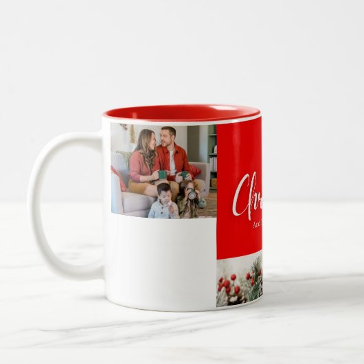 Familie frohe Weihnachten Glück Neujahr 4 Fotos Zweifarbige Tasse (Links)