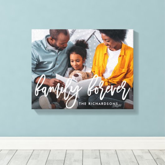 Familie für immer | Trendy Brush Script mit Foto Leinwanddruck (Insitu (Holzboden))