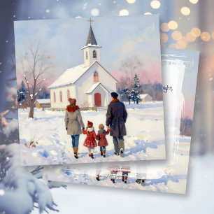 Familie geht am Weihnachtstag zur Kirche Feiertagskarte