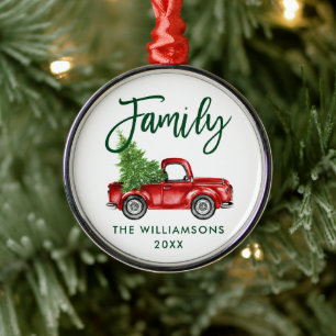 Familie Grün Schrift Pinsel Vintage Roter LKW Ornament Aus Metall