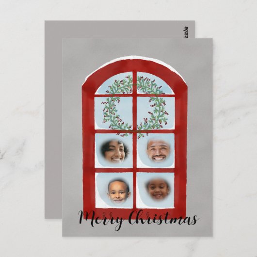 Familie hinter Weihnachtsfenstern Fotokarte Postkarte (Vorne/Hinten)