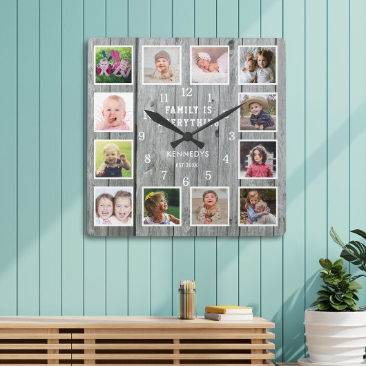 Familie ist alles 12 Foto Collage Graues Holz Quadratische Wanduhr